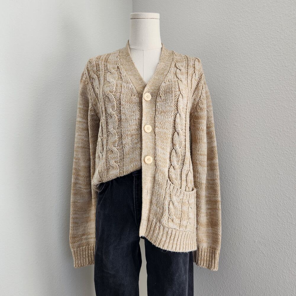 Vintage 70s Youngbloods Cable Knit Button Front Cardigan Grandpa Sweater S